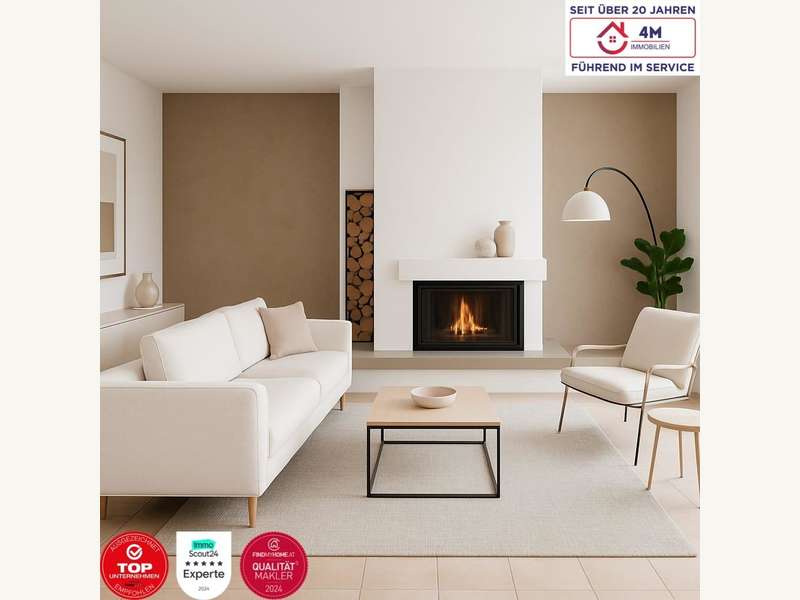 Beispielbild Wohnzimmer mit Kamin - Einfamilienhaus Wien - Bild 1